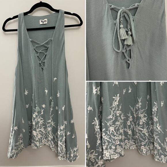 Show Me Your Mumu Lace‎ Up Front Sage Embroidered Floral Swing Tunic Dress S - Picture 1 of 8